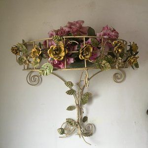 Beautiful Vintage Italian Tole Toleware Yellow Roses Demi Wall Shelf
